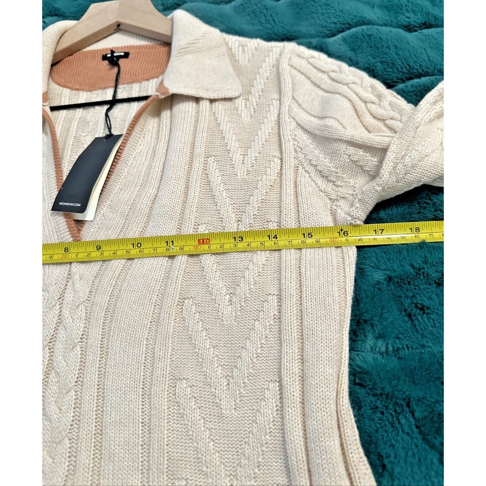 MONROW Women Size Medium Cable Knit Wool Blend Sweater Polo Dress Tan - Picture 13 of 15